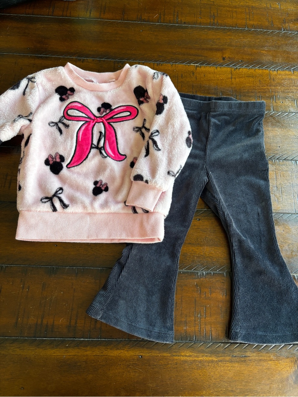 Pink Fuzzy Bow Sweatshirt and Black Corduroy Flare Pants Set